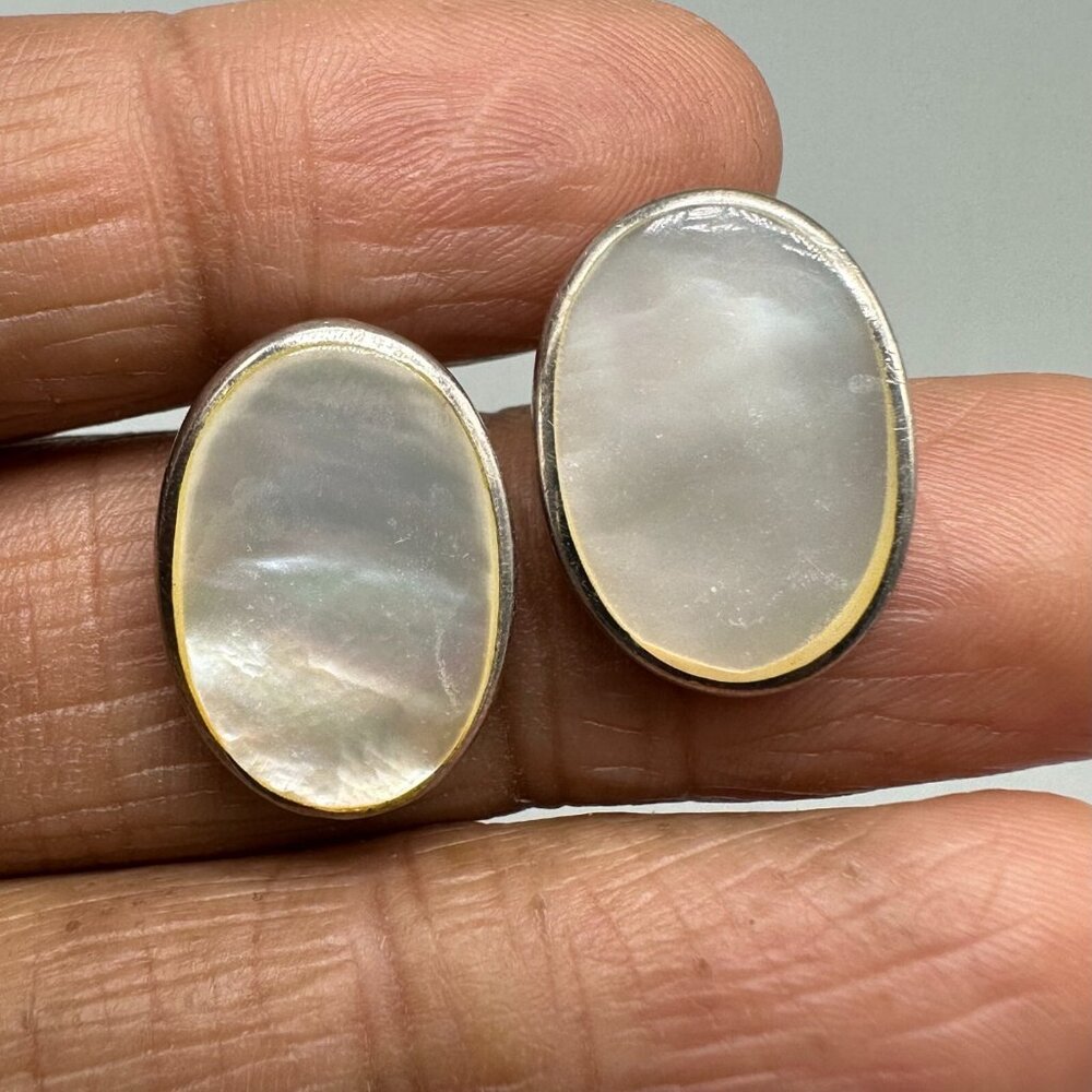 Chapal-Zenray Earrings Sterling Silver Mother of Pearl Oval Studs Pierced 0.5"